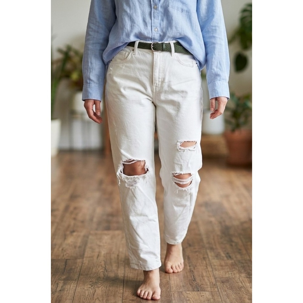 Wild Fable‎ Womens White High Rise Dad Jeans Distressed Ripped Size 10 331042477